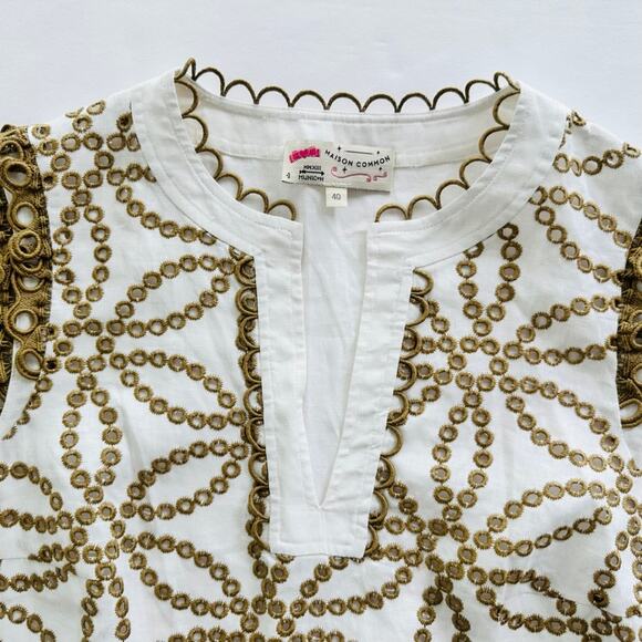 Maison Common Embroidered Linen Eyelet Cream Sleeveless Top Size 40 Beach Yacht - Picture 4 of 9